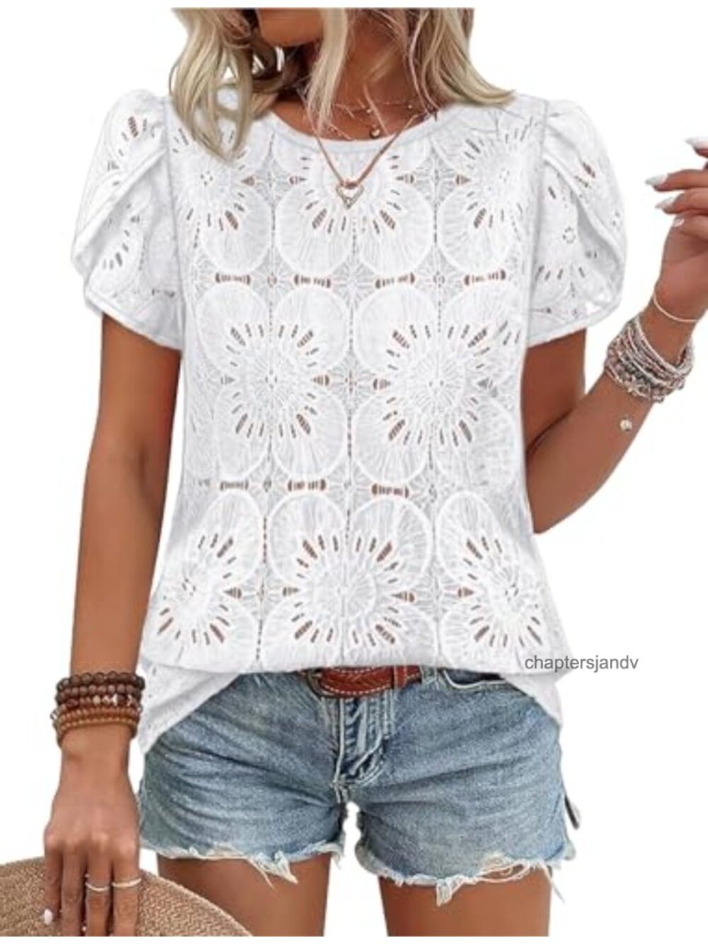 Women's Boho Crochet Lace Blouse Petal Short Sleeve Peasant Top Flowy Spring